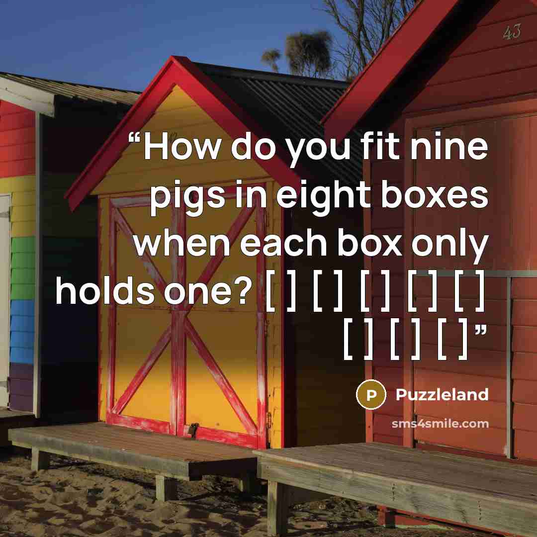 “How do you fit nine pigs in eight boxes when each box only holds one? [ ] [ ] [ ] [ ] [ ] [ ] [ ] [ ]” quote by Puzzleland