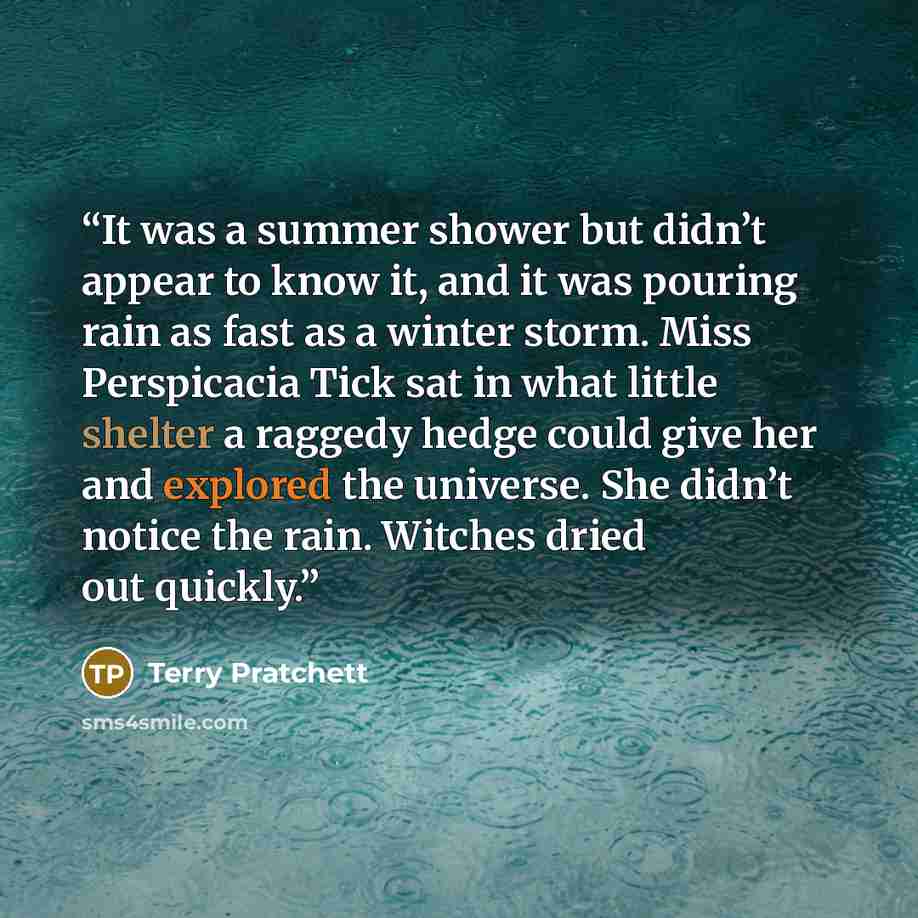“It was a summer shower but didn’t appear to know it, and it was pouring rain as fast as a winter storm. Miss Perspicacia Tick sat in what little shelter a raggedy hedge could give her and explored the universe. She didn’t notice the rain. Witches dried out quickly.” quote by Terry Pratchett