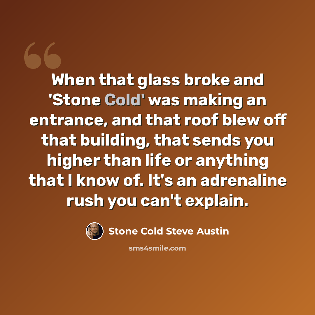 “When that glass broke and 'Stone Cold' was making an entrance, and that roof blew off that building, that sends you higher than life or anything that I know of. It's an adrenaline rush you can't explain.” quote by Stone Cold Steve Austin
