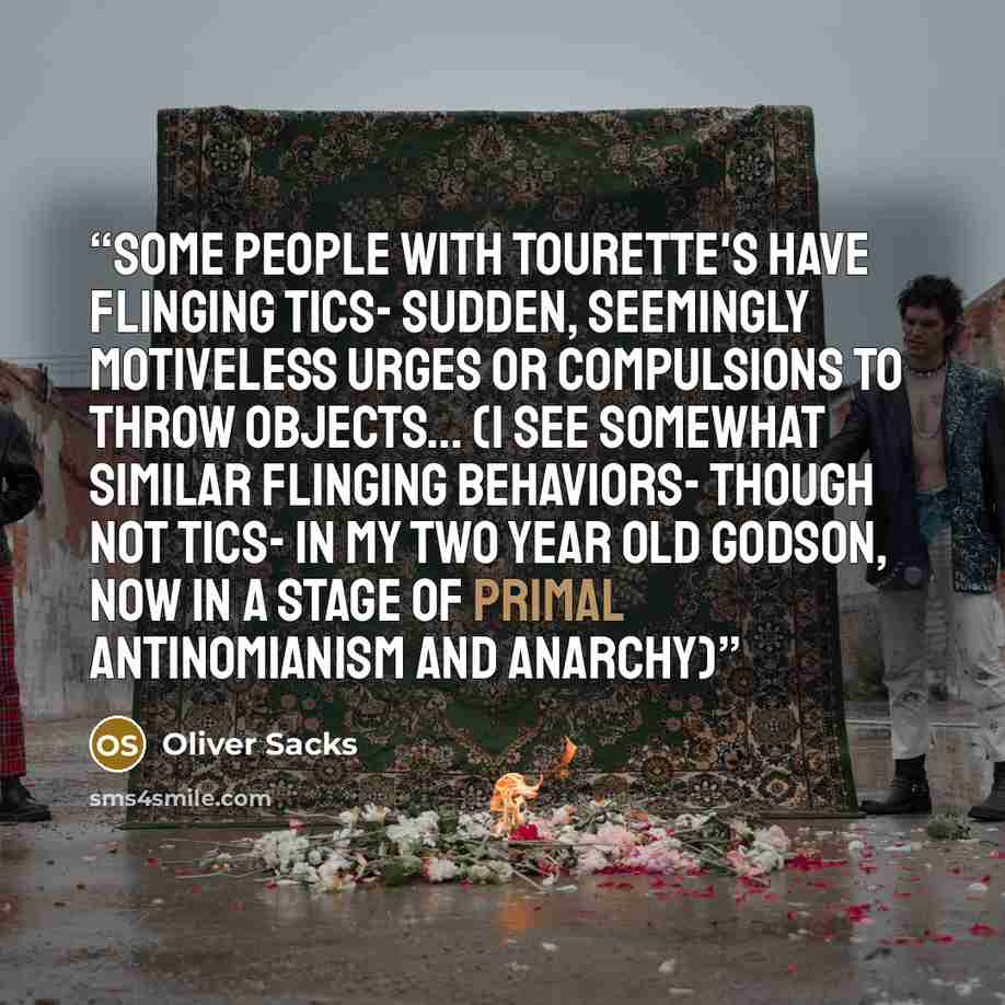 “Some people with Tourette's have flinging tics- sudden, seemingly motiveless urges or compulsions to throw objects… (I see somewhat similar flinging behaviors- though not tics- in my two year old godson, now in a stage of primal antinomianism and anarchy)” quote by Oliver Sacks
