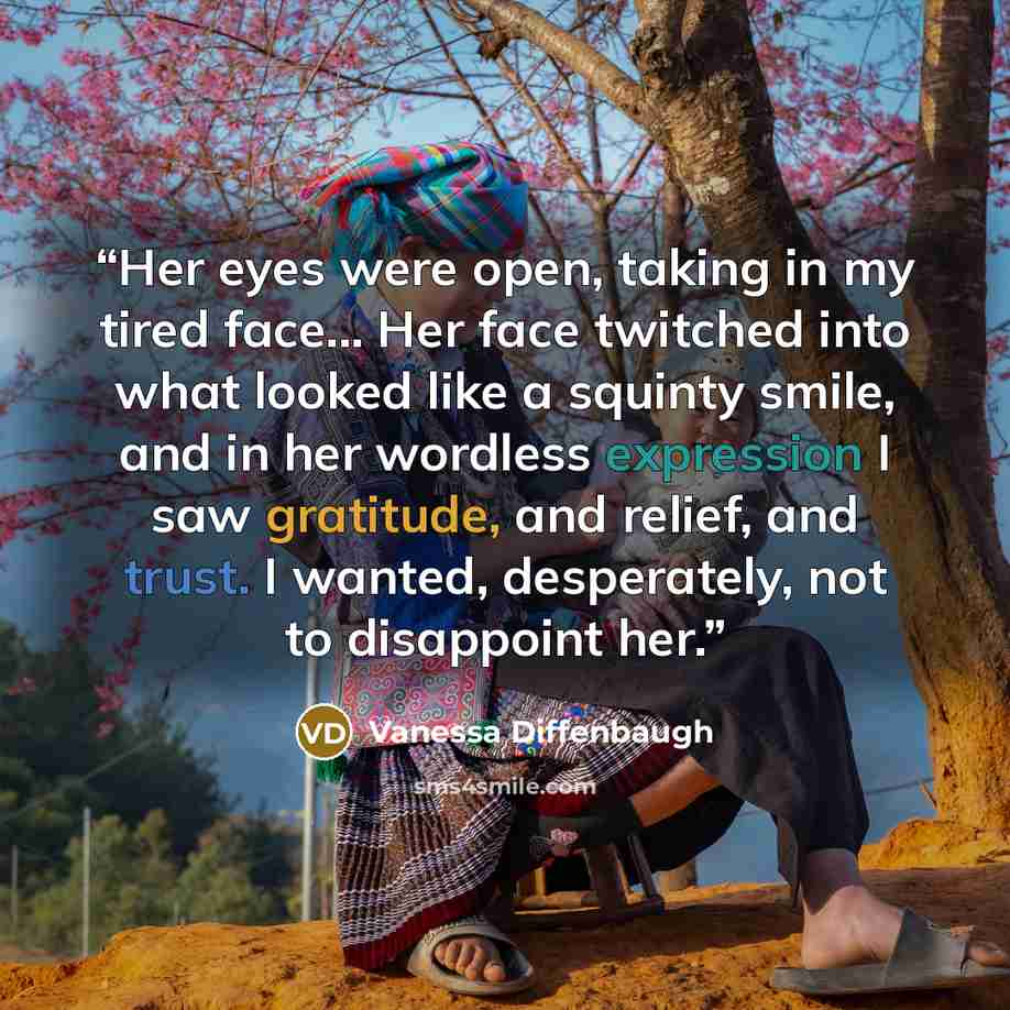“Her eyes were open, taking in my tired face... Her face twitched into what looked like a squinty smile, and in her wordless expression I saw gratitude, and relief, and trust. I wanted, desperately, not to disappoint her.” quote by Vanessa Diffenbaugh