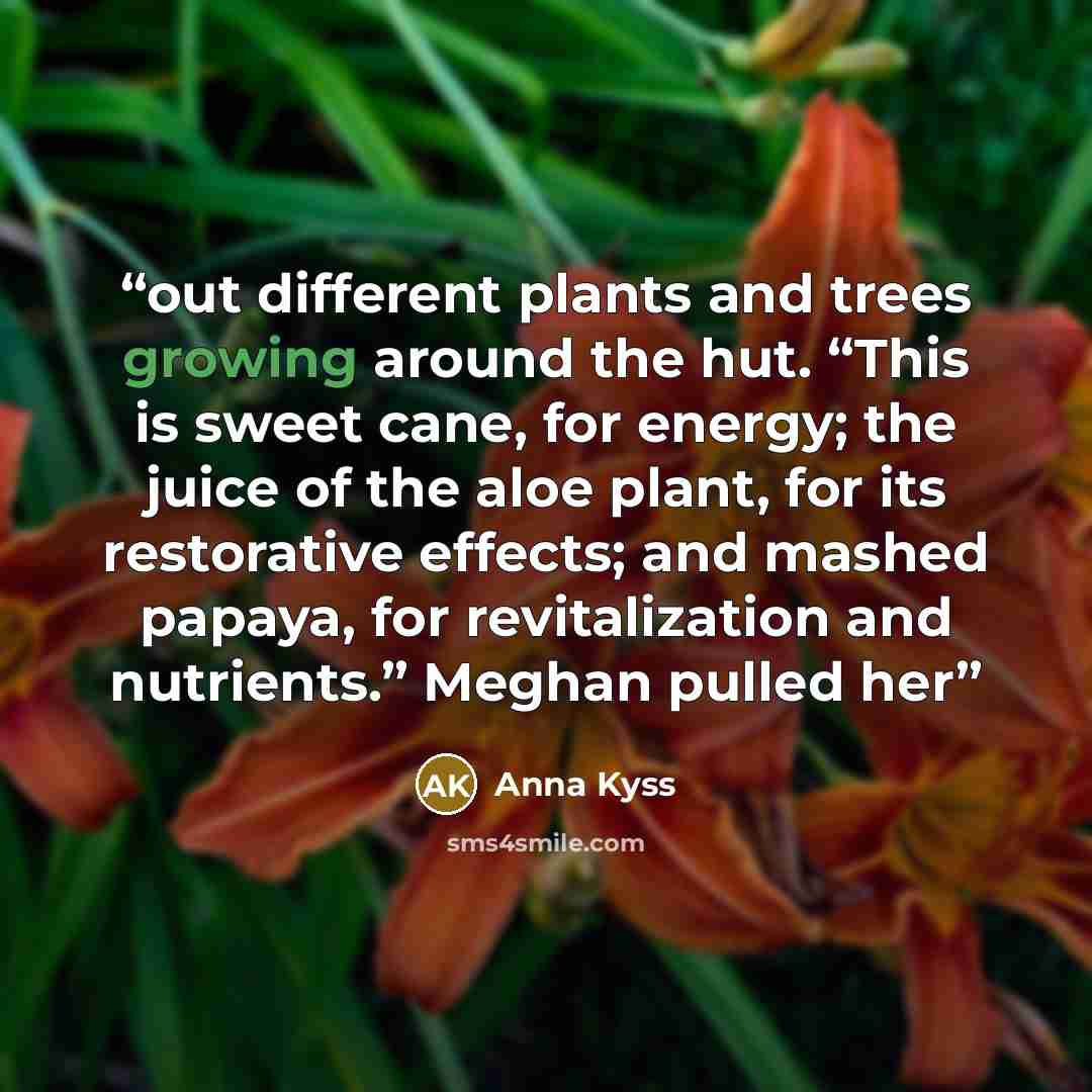“out different plants and trees growing around the hut. “This is sweet cane, for energy; the juice of the aloe plant, for its restorative effects; and mashed papaya, for revitalization and nutrients.” Meghan pulled her” quote by Anna Kyss