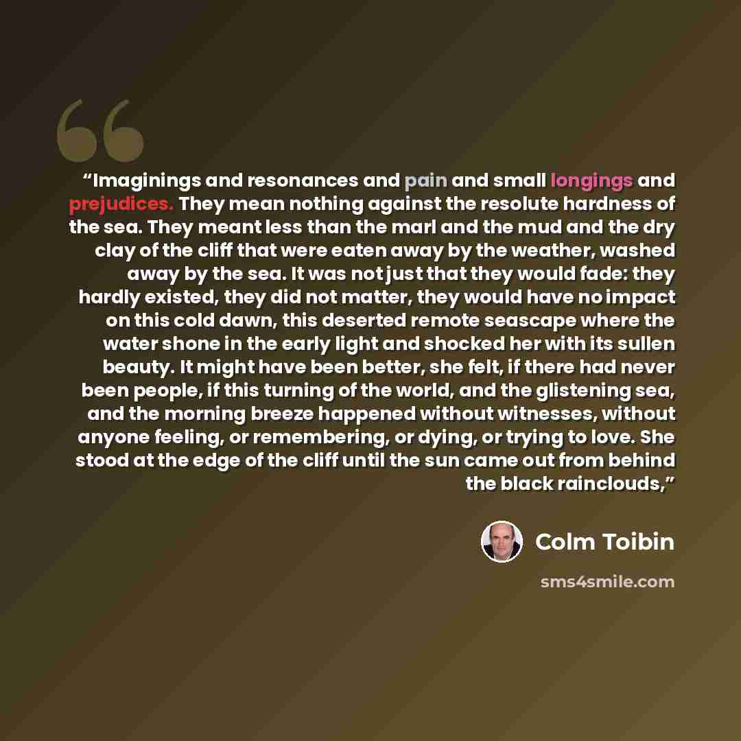 “Imaginings and resonances and pain and small longings and prejudices. They mean nothing against the resolute hardness of the sea. They meant less than the marl and the mud and the dry clay of the cliff that were eaten away by the weather, washed away by the sea. It was not just that they would…” quote by Colm Tóibín