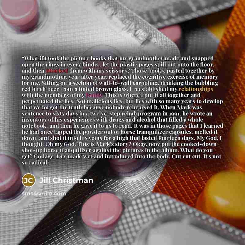 “What if I took the picture books that my grandmother made and snapped open the rings in every binder, let the plastic pages spill out onto the floor, and then attacked them with my scissors? Those books, pasted together by my grandmother, year after year, replaced the cognitive exercise of memory…” quote by Jill Christman