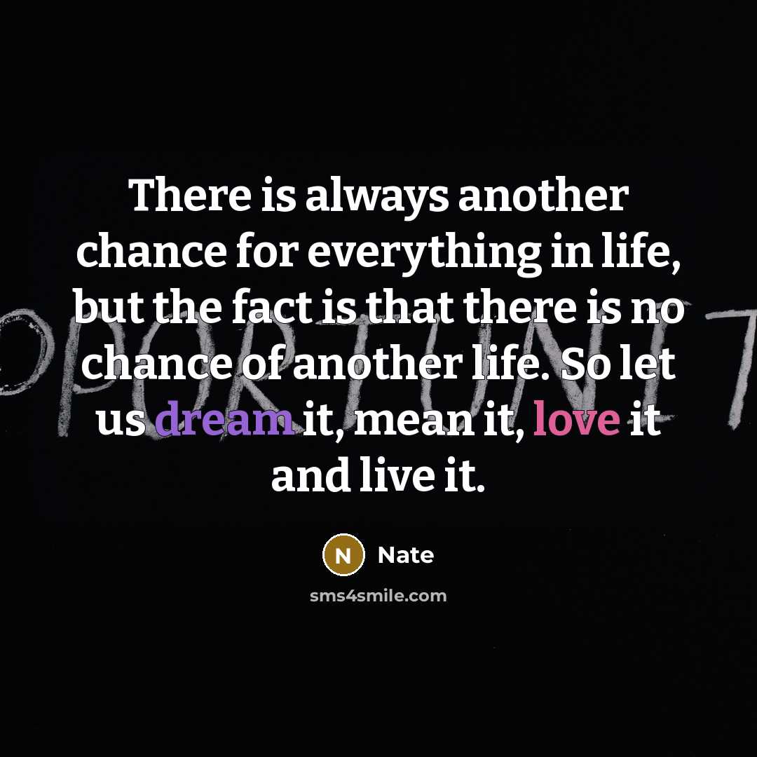 “There is always another chance for everything in life, but the fact is that there is no chance of another life. So let us dream it, mean it, love it and live it.” quote by Nate