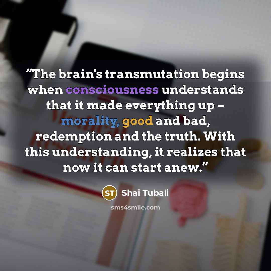 “The brain's transmutation begins when consciousness understands that it made everything up – morality, good and bad, redemption and the truth. With this understanding, it realizes that now it can start anew.” quote by Shai Tubali
