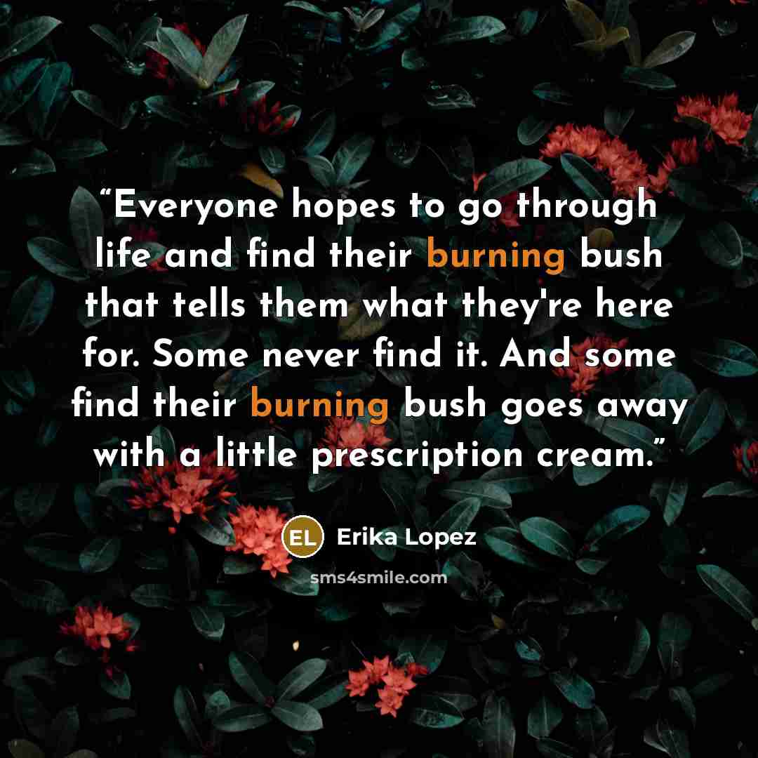 “Everyone hopes to go through life and find their burning bush that tells them what they're here for. Some never find it. And some find their burning bush goes away with a little prescription cream.” quote by Erika Lopez