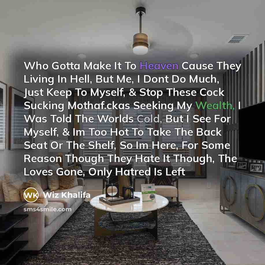 “Who Gotta Make It To Heaven Cause They Living In Hell, But Me, I Dont Do Much, Just Keep To Myself, & Stop These Cock Sucking Mothaf.ckas Seeking My Wealth, I Was Told The Worlds Cold, But I See For Myself, & Im Too Hot To Take The Back Seat Or The Shelf, So Im Here, For Some Reason Though They…” quote by Wiz Khalifa