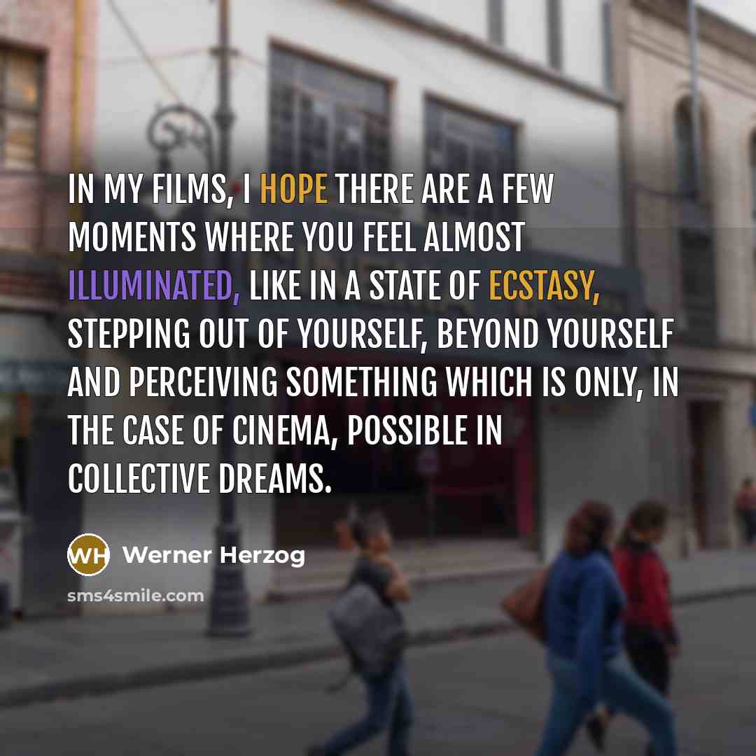 “In my films, I hope there are a few moments where you feel almost illuminated, like in a state of ecstasy, stepping out of yourself, beyond yourself and perceiving something which is only, in the case of cinema, possible in collective dreams.” quote by Werner Herzog