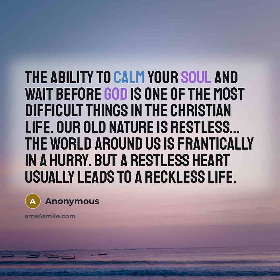 “The ability to calm your soul and wait before God is one of the most difficult things in the Christian life. Our old nature is restless... the world around us is frantically in a hurry. But a restless heart usually leads to a reckless life.” quote by Anonymous