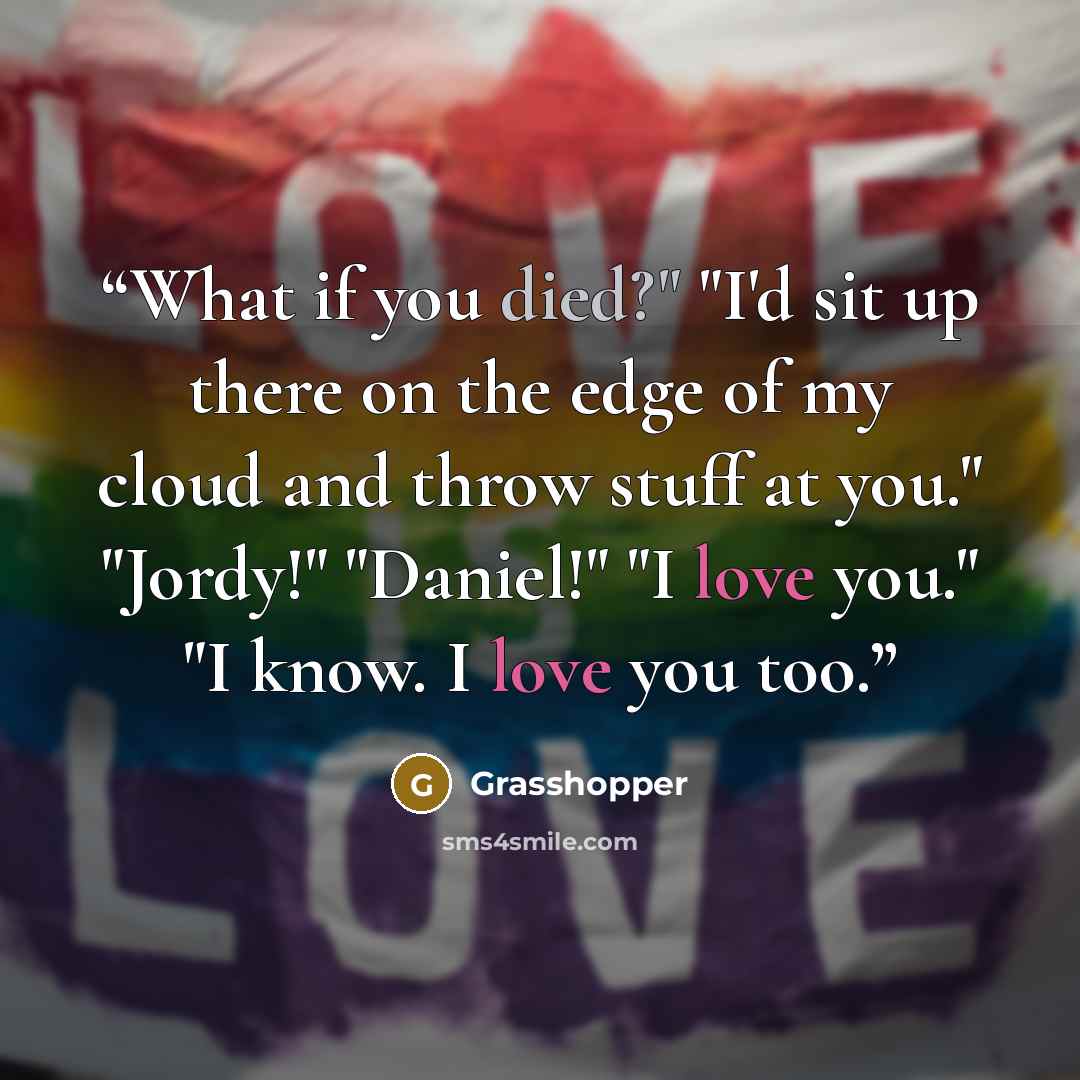 “What if you died?" "I'd sit up there on the edge of my cloud and throw stuff at you." "Jordy!" "Daniel!" "I love you." "I know. I love you too.” quote by Grasshopper
