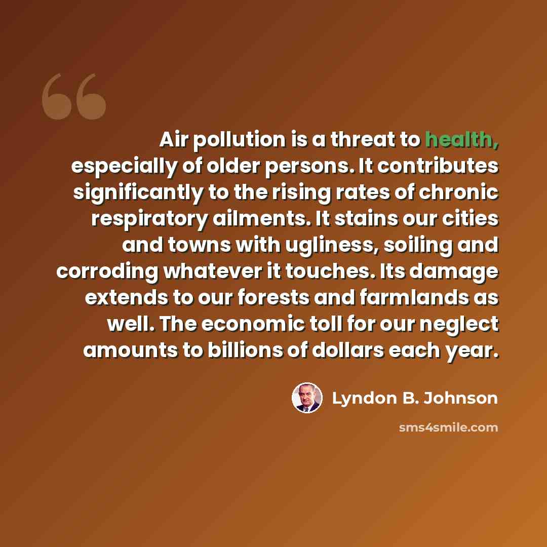 “Air pollution is a threat to health, especially of older persons. It contributes significantly to the rising rates of chronic respiratory ailments. It stains our cities and towns with ugliness, soiling and corroding whatever it touches. Its damage extends to our forests and farmlands as well. The…” quote by Lyndon B. Johnson