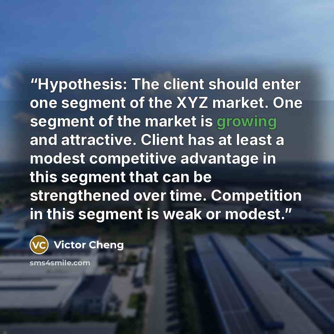 “Hypothesis: The client should enter one segment of the XYZ market. One segment of the market is growing and attractive. Client has at least a modest competitive advantage in this segment that can be strengthened over time. Competition in this segment is weak or modest.” quote by Victor Cheng