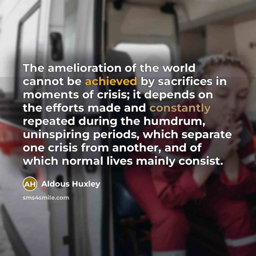 “The amelioration of the world cannot be achieved by sacrifices in moments of crisis; it depends on the efforts made and constantly repeated during the humdrum, uninspiring periods, which separate one crisis from another, and of which normal lives mainly consist.” quote by Aldous Huxley