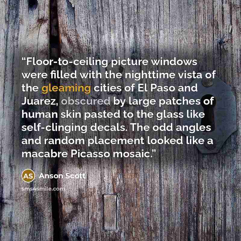 “Floor-to-ceiling picture windows were filled with the nighttime vista of the gleaming cities of El Paso and Juarez, obscured by large patches of human skin pasted to the glass like self-clinging decals. The odd angles and random placement looked like a macabre Picasso mosaic.” quote by Anson Scott
