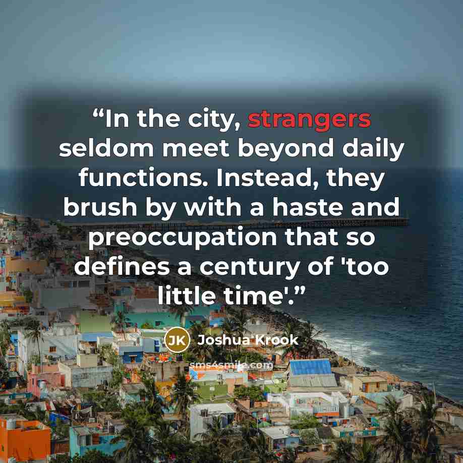 “In the city, strangers seldom meet beyond daily functions. Instead, they brush by with a haste and preoccupation that so defines a century of 'too little time'.” quote by Joshua Krook