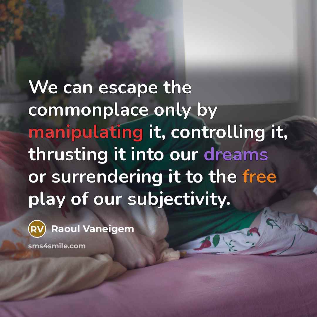 “We can escape the commonplace only by manipulating it, controlling it, thrusting it into our dreams or surrendering it to the free play of our subjectivity.” quote by Raoul Vaneigem