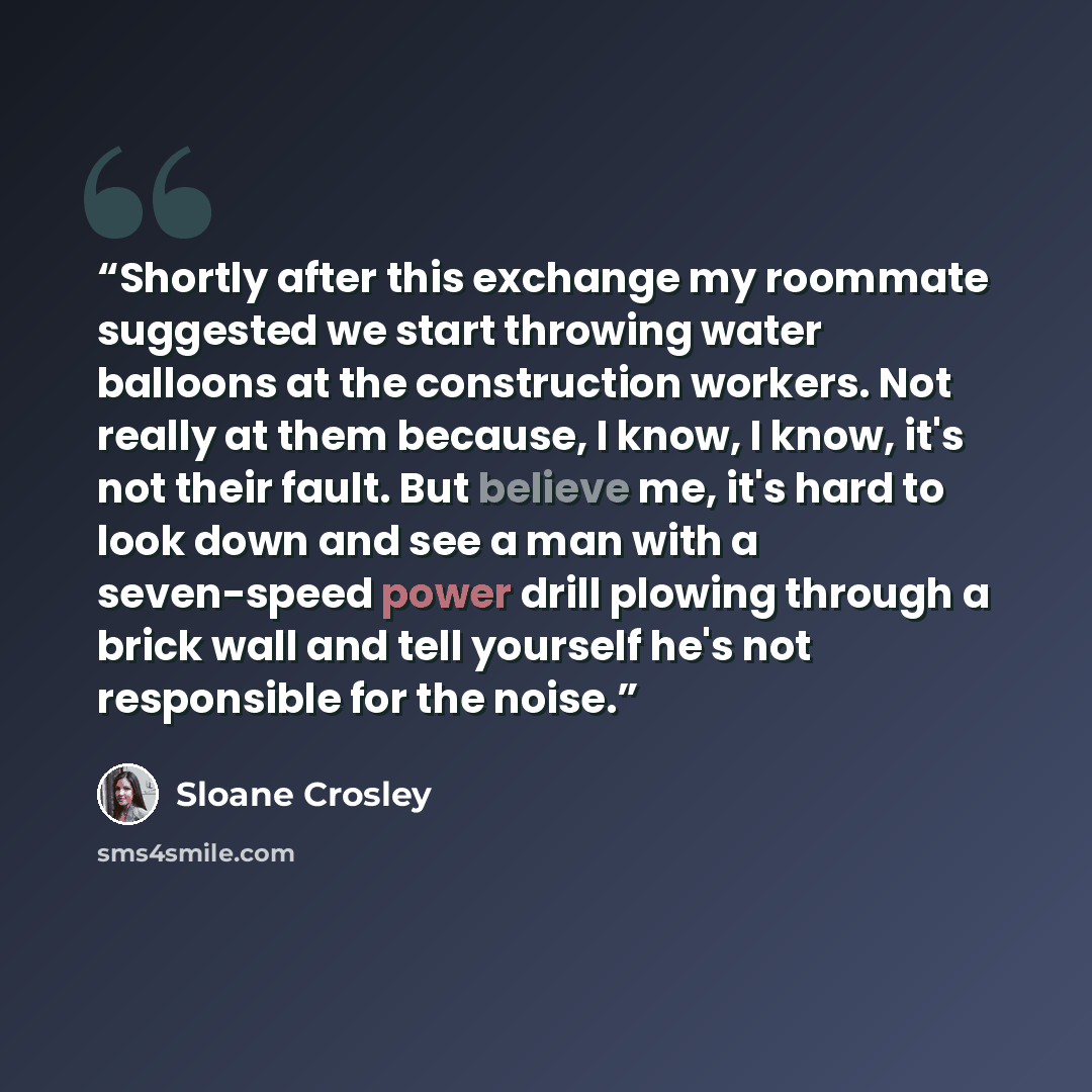 “Shortly after this exchange my roommate suggested we start throwing water balloons at the construction workers. Not really at them because, I know, I know, it's not their fault. But believe me, it's hard to look down and see a man with a seven-speed power drill plowing through a brick wall and…” quote by Sloane Crosley