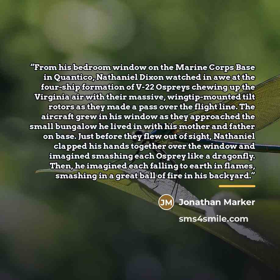 “From his bedroom window on the Marine Corps Base in Quantico, Nathaniel Dixon watched in awe at the four-ship formation of V-22 Ospreys chewing up the Virginia air with their massive, wingtip-mounted tilt rotors as they made a pass over the flight line. The aircraft grew in his window as they…” quote by Jonathan Marker