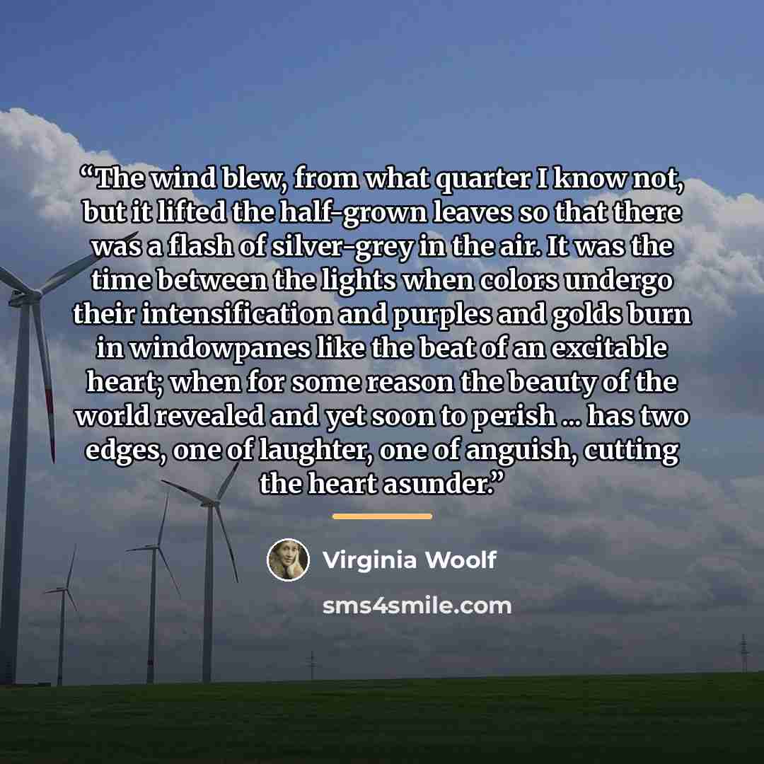 “The wind blew, from what quarter I know not, but it lifted the half-grown leaves so that there was a flash of silver-grey in the air. It was the time between the lights when colors undergo their intensification and purples and golds burn in windowpanes like the beat of an excitable heart; when for…” quote by Virginia Woolf