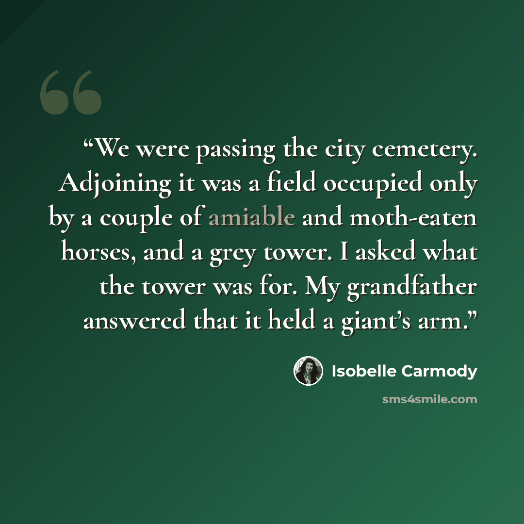 “We were passing the city cemetery. Adjoining it was a field occupied only by a couple of amiable and moth-eaten horses, and a grey tower. I asked what the tower was for. My grandfather answered that it held a giant’s arm.” quote by Isobelle Carmody