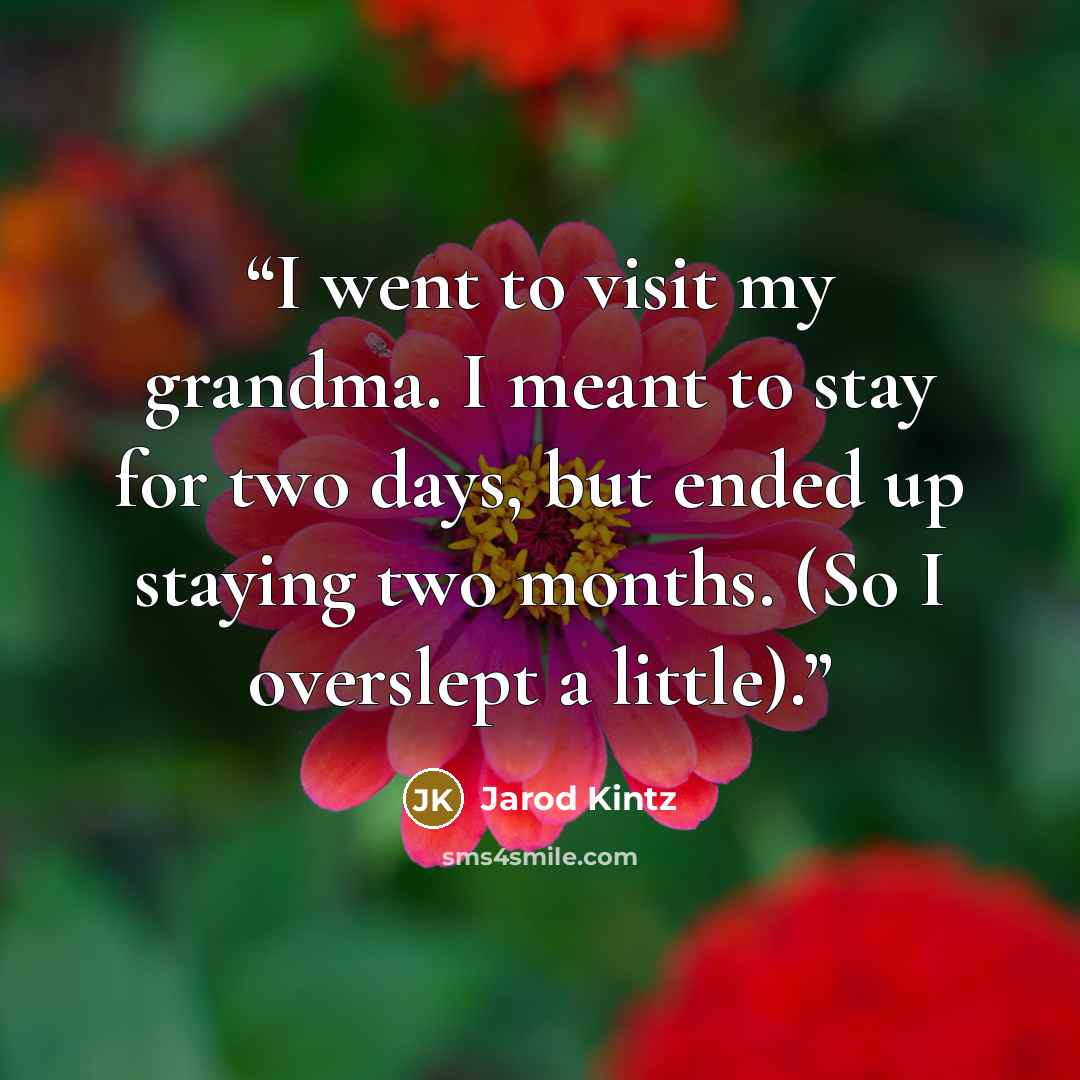 “I went to visit my grandma. I meant to stay for two days, but ended up staying two months. (So I overslept a little).” quote by Jarod Kintz