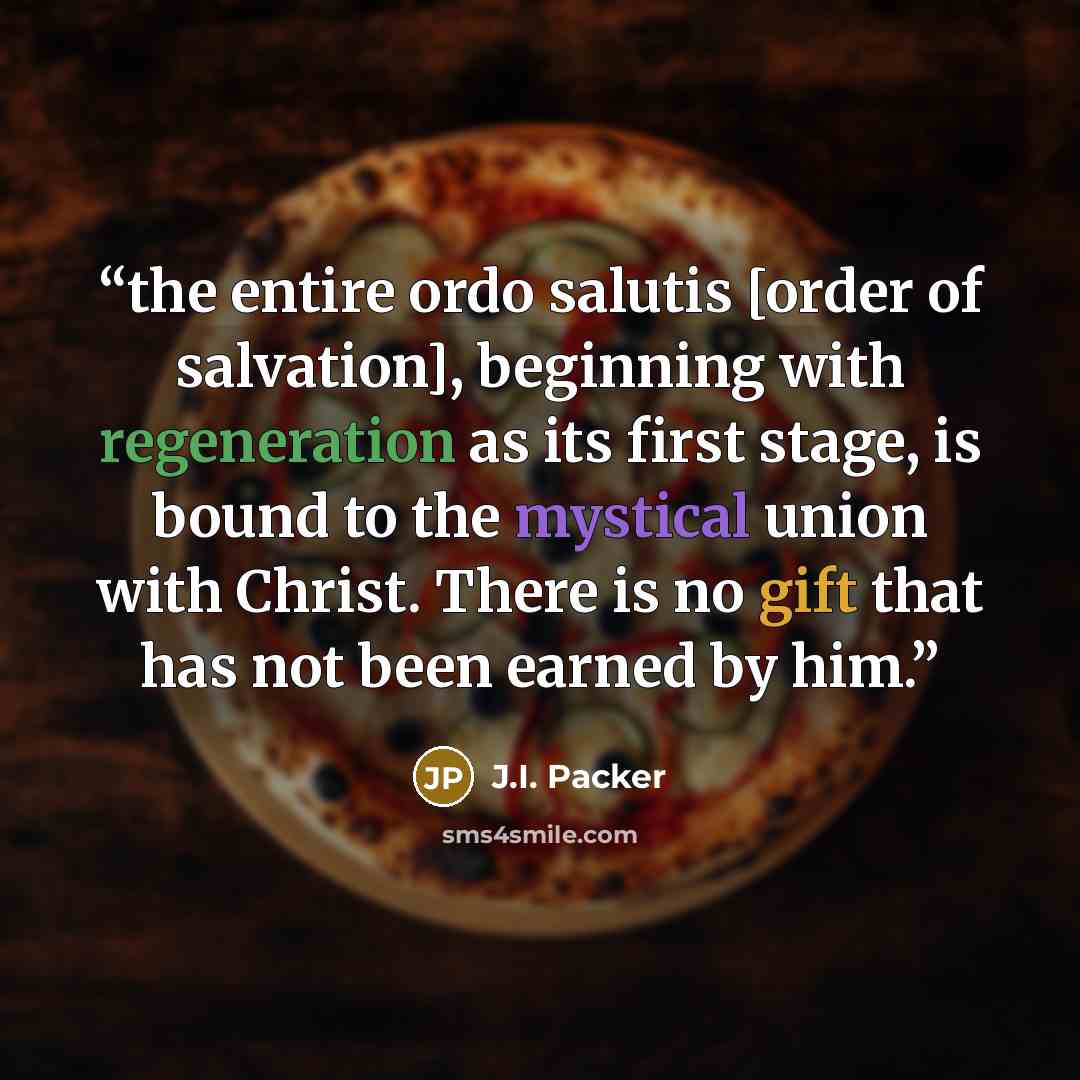 “the entire ordo salutis [order of salvation], beginning with regeneration as its first stage, is bound to the mystical union with Christ. There is no gift that has not been earned by him.” quote by J.I. Packer