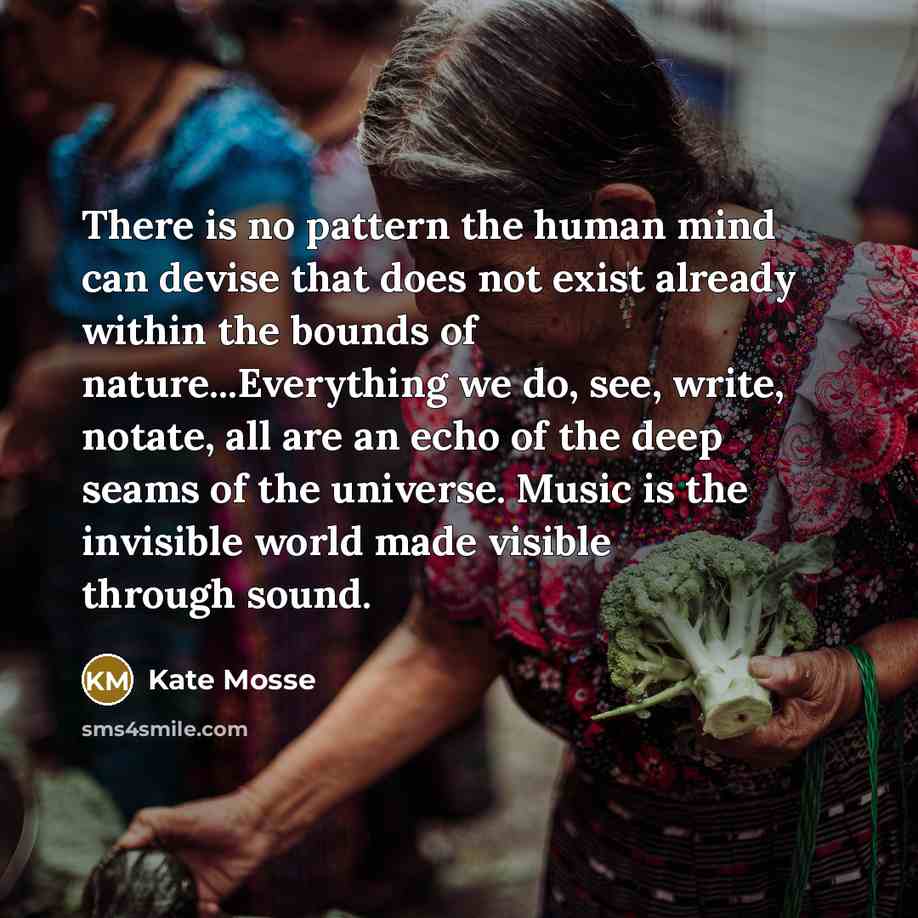 “There is no pattern the human mind can devise that does not exist already within the bounds of nature...Everything we do, see, write, notate, all are an echo of the deep seams of the universe. Music is the invisible world made visible through sound.” quote by Kate Mosse