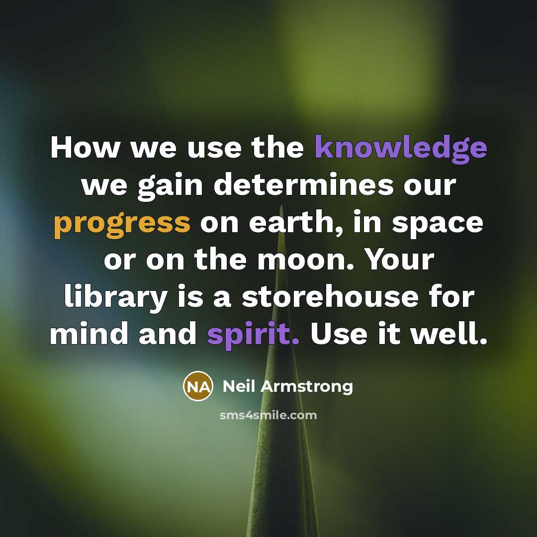 “How we use the knowledge we gain determines our progress on earth, in space or on the moon. Your library is a storehouse for mind and spirit. Use it well.” quote by Neil Armstrong