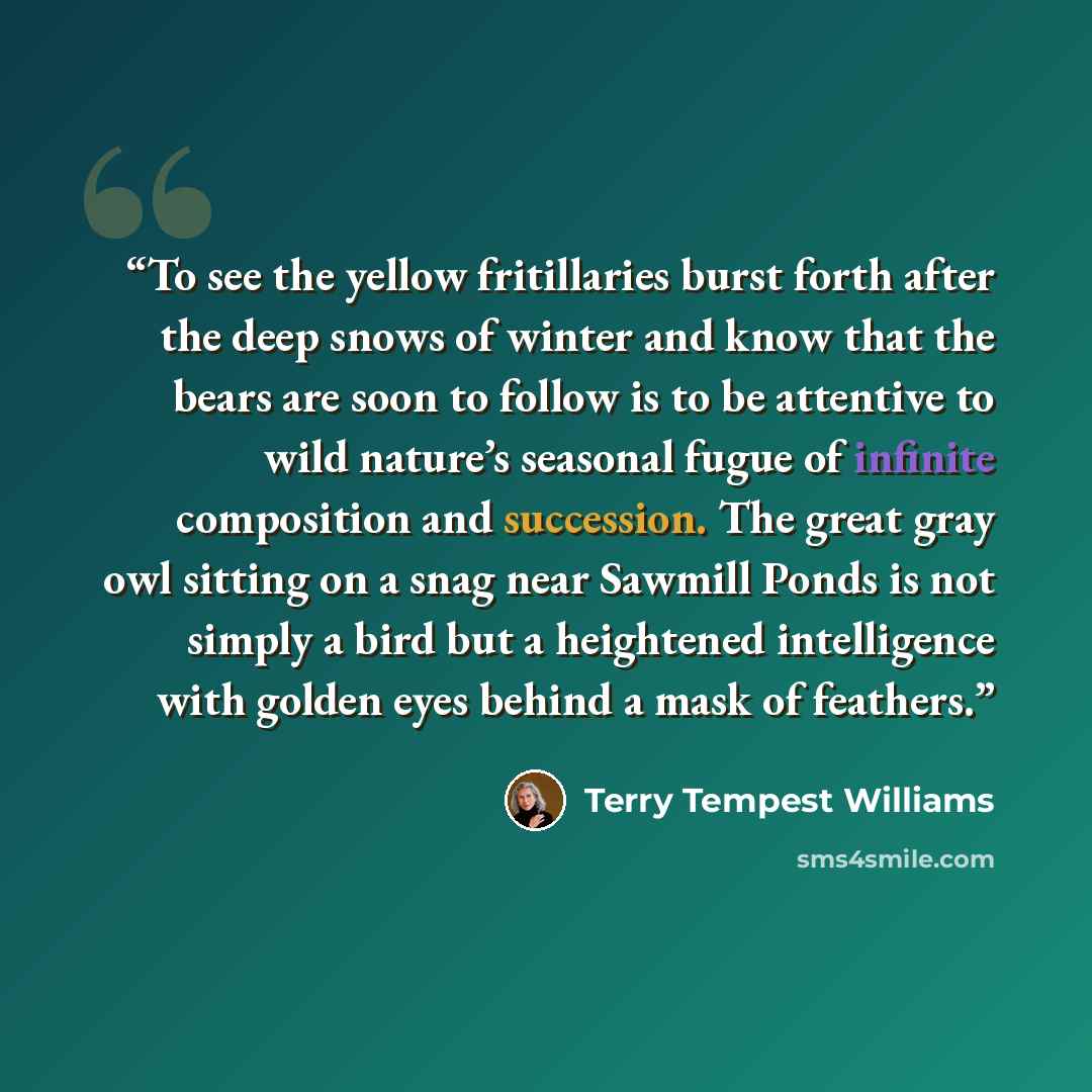 “To see the yellow fritillaries burst forth after the deep snows of winter and know that the bears are soon to follow is to be attentive to wild nature’s seasonal fugue of infinite composition and succession. The great gray owl sitting on a snag near Sawmill Ponds is not simply a bird but a…” quote by Terry Tempest Williams