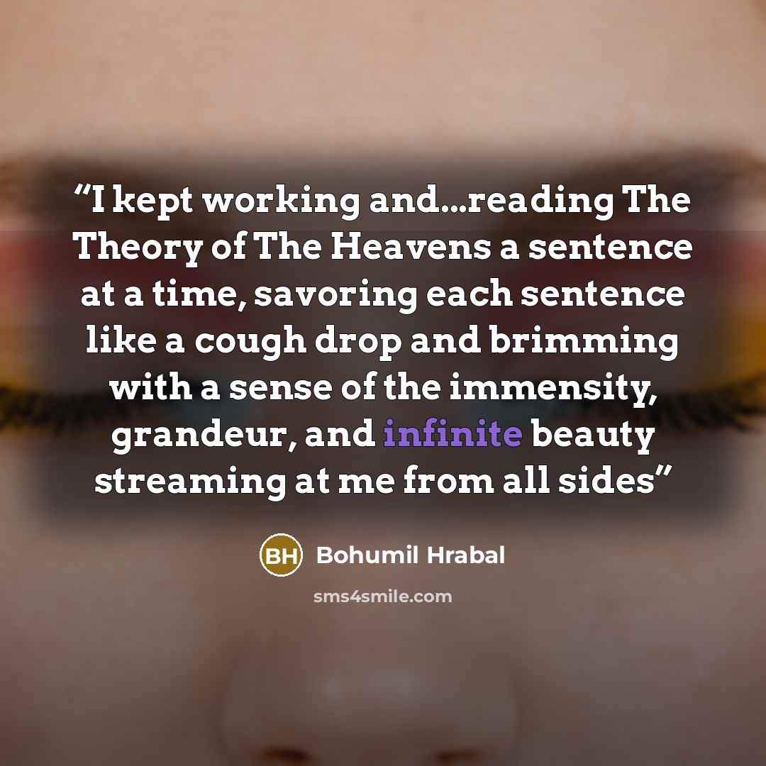 “I kept working and...reading The Theory of The Heavens a sentence at a time, savoring each sentence like a cough drop and brimming with a sense of the immensity, grandeur, and infinite beauty streaming at me from all sides” quote by Bohumil Hrabal