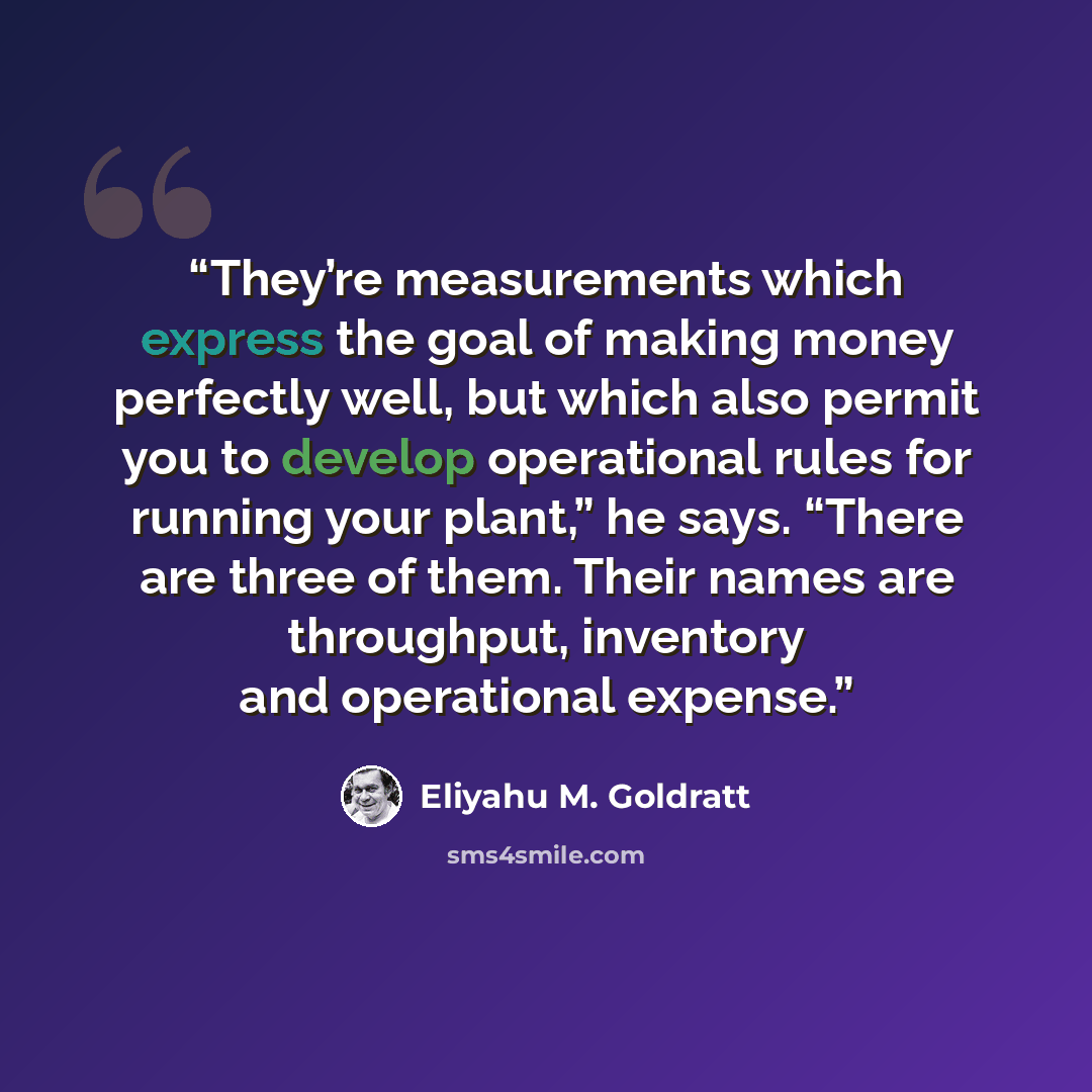 “They’re measurements which express the goal of making money perfectly well, but which also permit you to develop operational rules for running your plant,” he says. “There are three of them. Their names are throughput, inventory and operational expense.” quote by Eliyahu M. Goldratt