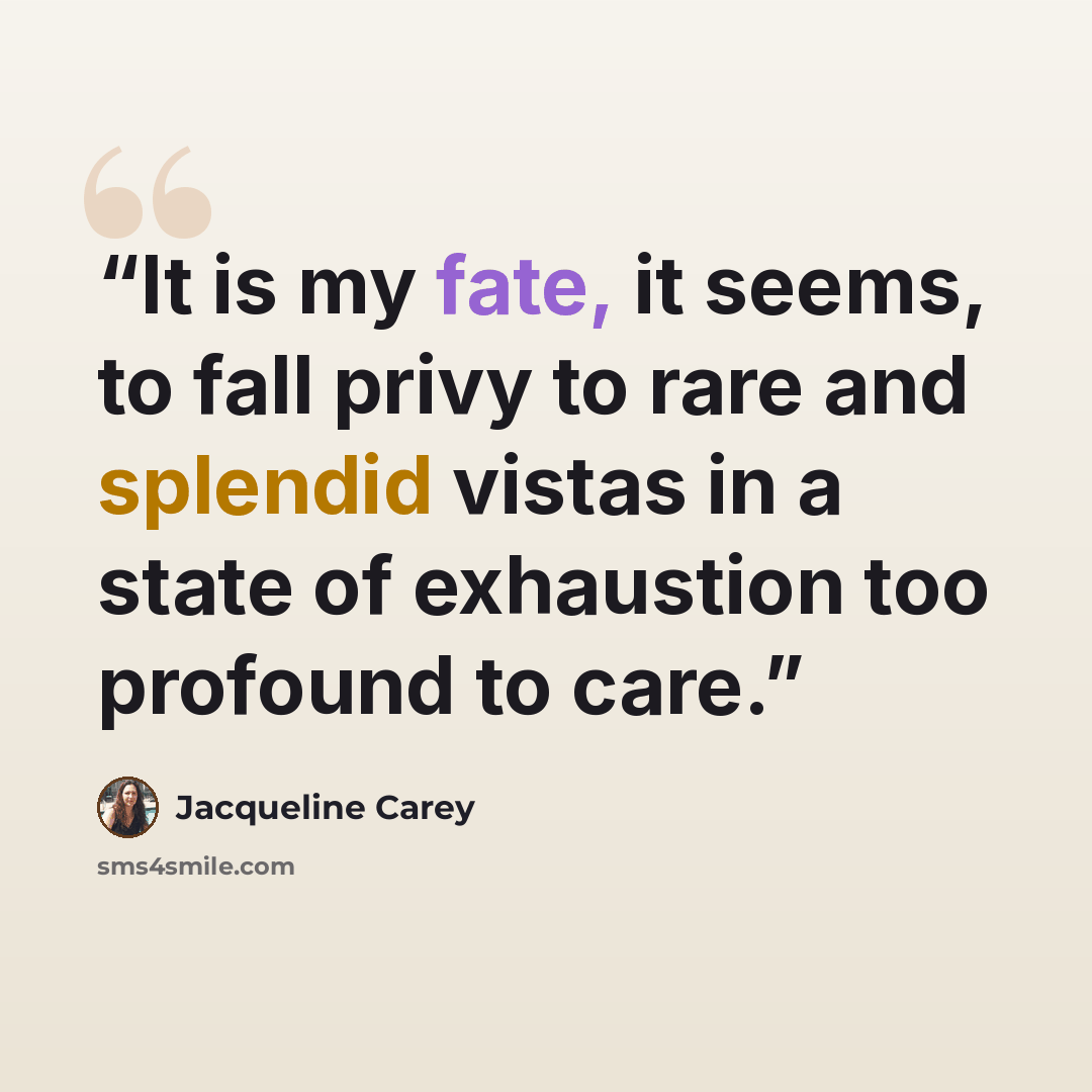 “It is my fate, it seems, to fall privy to rare and splendid vistas in a state of exhaustion too profound to care.” quote by Jacqueline Carey