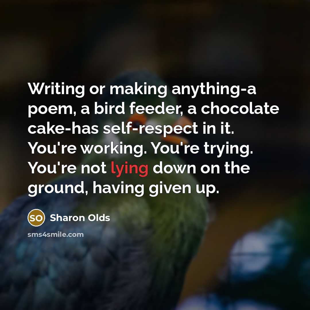 “Writing or making anything-a poem, a bird feeder, a chocolate cake-has self-respect in it. You're working. You're trying. You're not lying down on the ground, having given up.” quote by Sharon Olds