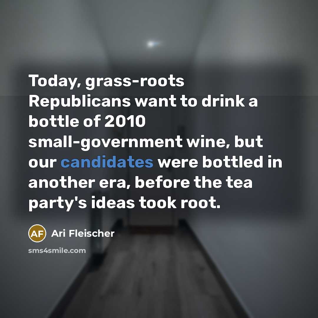“Today, grass-roots Republicans want to drink a bottle of 2010 small-government wine, but our candidates were bottled in another era, before the tea party's ideas took root.” quote by Ari Fleischer