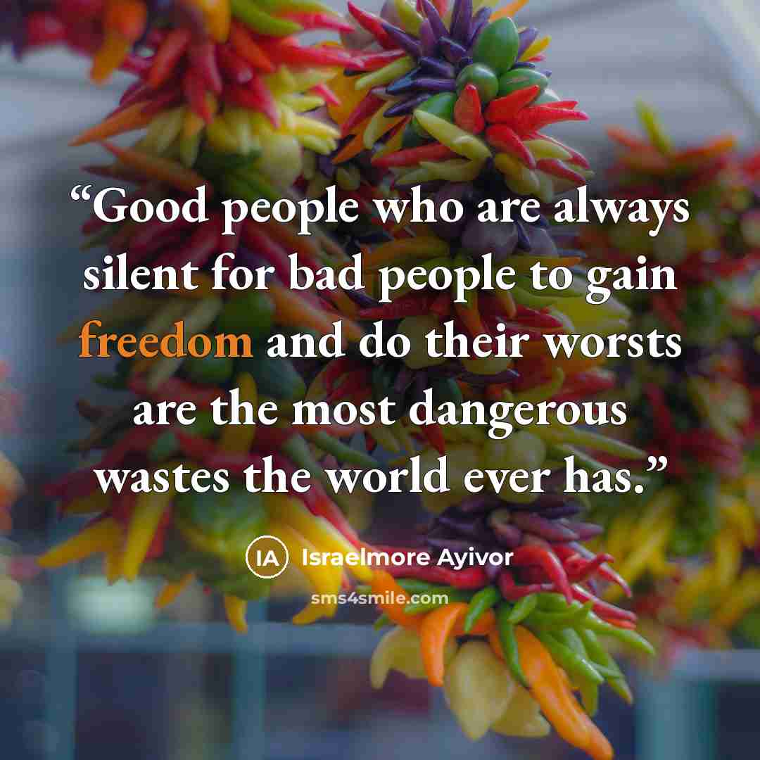 “Good people who are always silent for bad people to gain freedom and do their worsts are the most dangerous wastes the world ever has.” quote by Israelmore Ayivor