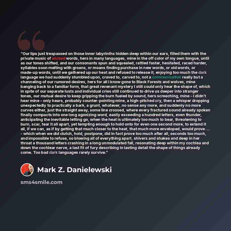 “Our lips just trespassed on those inner labyrinths hidden deep within our ears, filled them with the private music of wicked words, hers in many languages, mine in the off color of my own tongue, until as our tones shifted, and our consonants spun and squealed, rattled faster, hesitated, raced…” quote by Mark Z. Danielewski