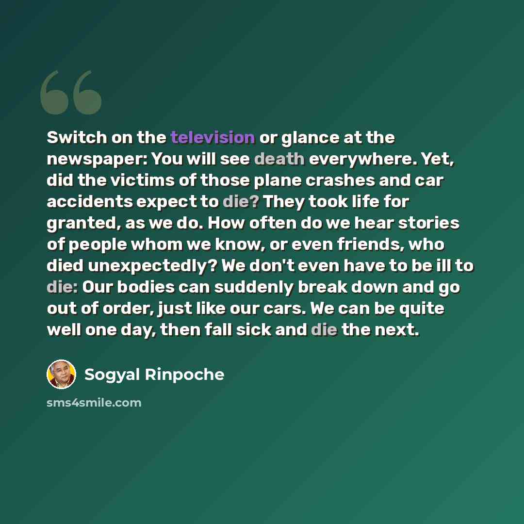 “Switch on the television or glance at the newspaper: You will see death everywhere. Yet, did the victims of those plane crashes and car accidents expect to die? They took life for granted, as we do. How often do we hear stories of people whom we know, or even friends, who died unexpectedly? We…” quote by Sogyal Rinpoche