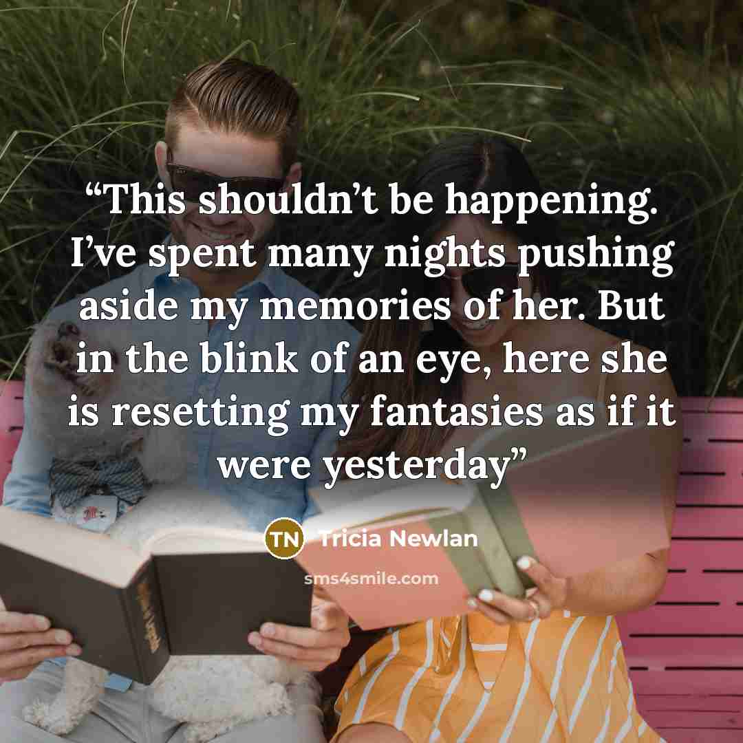 “This shouldn’t be happening. I’ve spent many nights pushing aside my memories of her. But in the blink of an eye, here she is resetting my fantasies as if it were yesterday” quote by Tricia Newlan