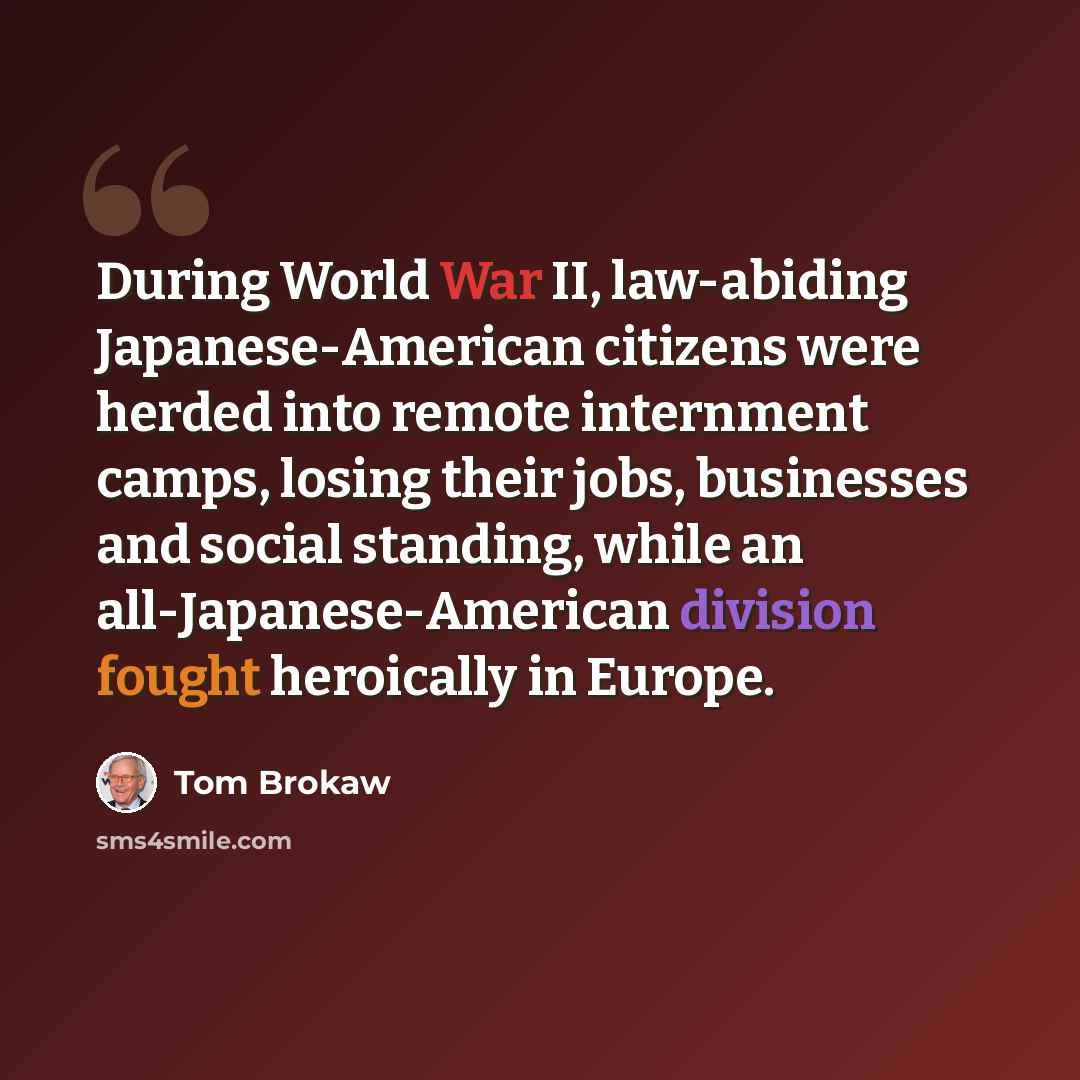 “During World War II, law-abiding Japanese-American citizens were herded into remote internment camps, losing their jobs, businesses and social standing, while an all-Japanese-American division fought heroically in Europe.” quote by Tom Brokaw