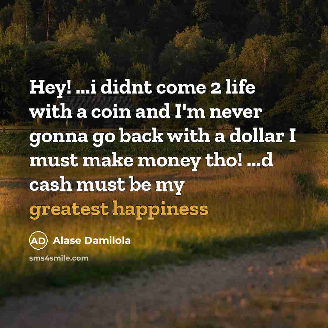 “Hey! ...i didnt come 2 life with a coin and I'm never gonna go back with a dollar I must make money tho! ...d cash must be my greatest happiness” quote by Alase Damilola