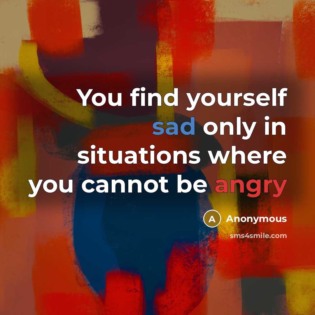 “You find yourself sad only in situations where you cannot be angry” quote by Anonymous