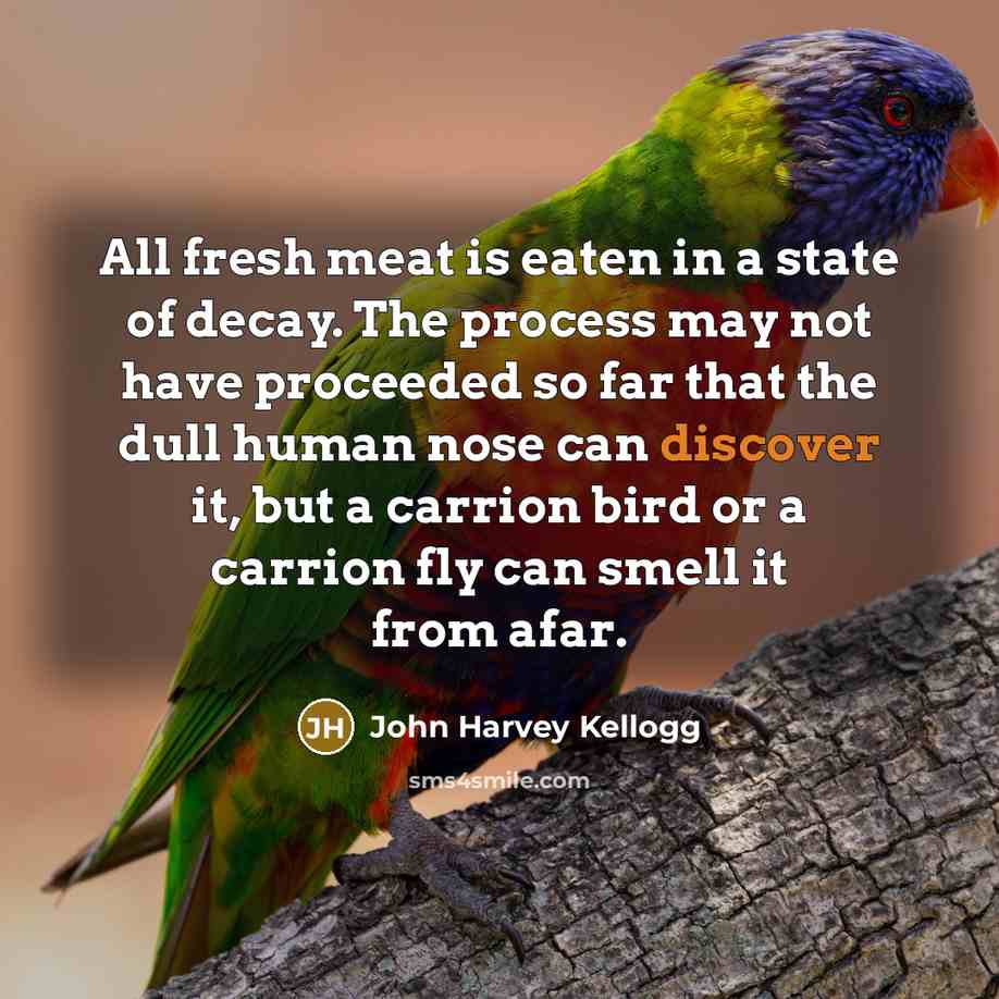 “All fresh meat is eaten in a state of decay. The process may not have proceeded so far that the dull human nose can discover it, but a carrion bird or a carrion fly can smell it from afar.” quote by John Harvey Kellogg