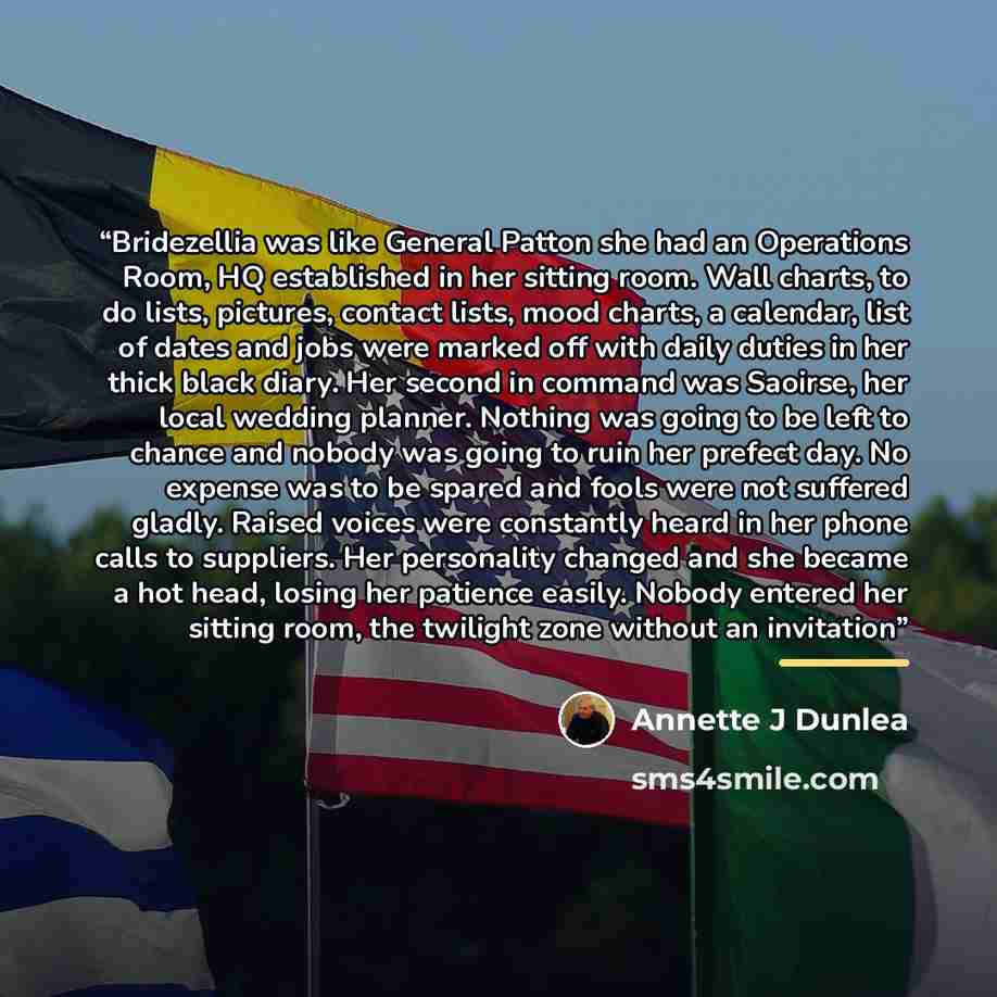 “Bridezellia was like General Patton she had an Operations Room, HQ established in her sitting room. Wall charts, to do lists, pictures, contact lists, mood charts, a calendar, list of dates and jobs were marked off with daily duties in her thick black diary. Her second in command was Saoirse, her…” quote by Annette J Dunlea