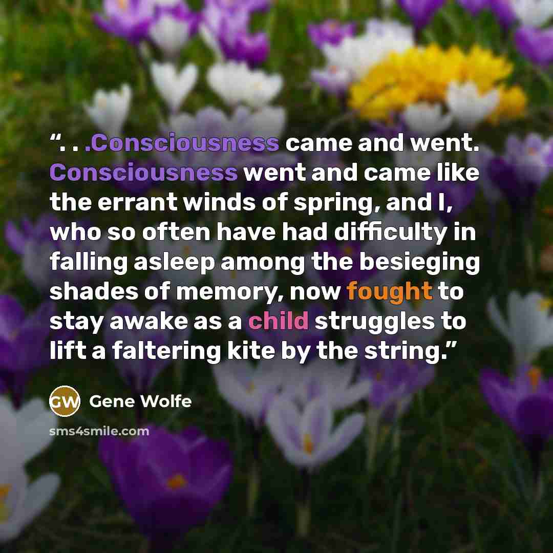 “. . .Consciousness came and went. Consciousness went and came like the errant winds of spring, and I, who so often have had difficulty in falling asleep among the besieging shades of memory, now fought to stay awake as a child struggles to lift a faltering kite by the string.” quote by Gene Wolfe