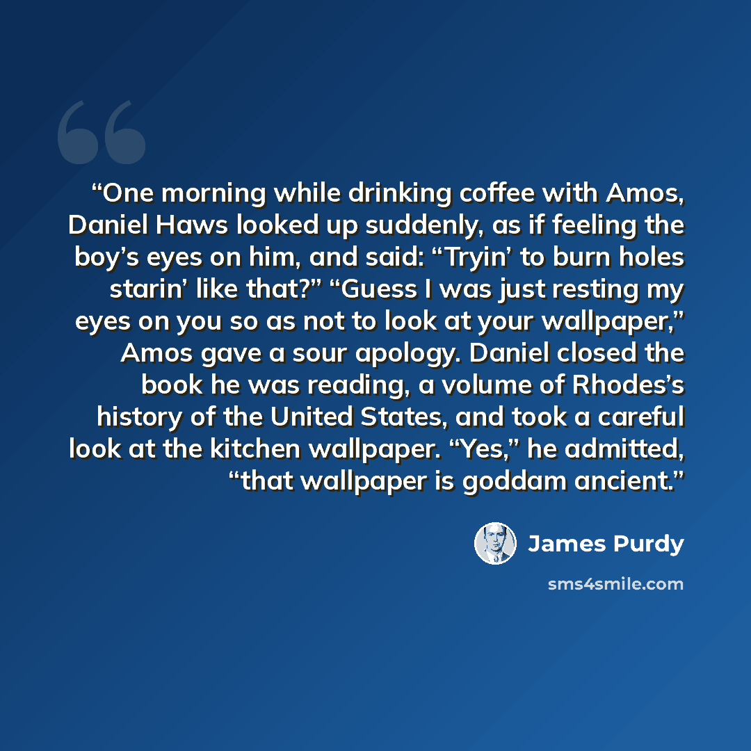 “One morning while drinking coffee with Amos, Daniel Haws looked up suddenly, as if feeling the boy’s eyes on him, and said: “Tryin’ to burn holes starin’ like that?” “Guess I was just resting my eyes on you so as not to look at your wallpaper,” Amos gave a sour apology. Daniel closed the book he…” quote by James Purdy