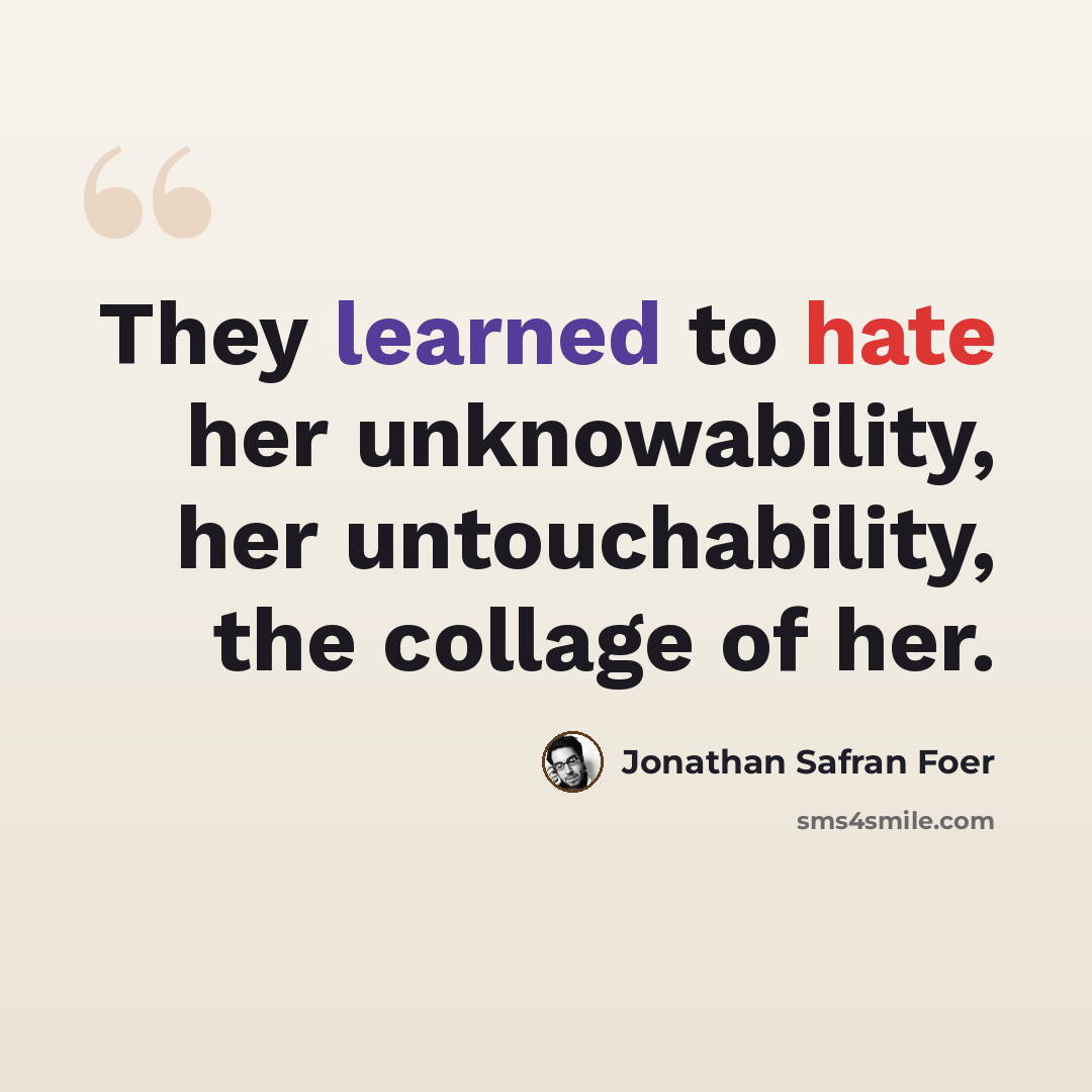 “They learned to hate her unknowability, her untouchability, the collage of her.” quote by Jonathan Safran Foer