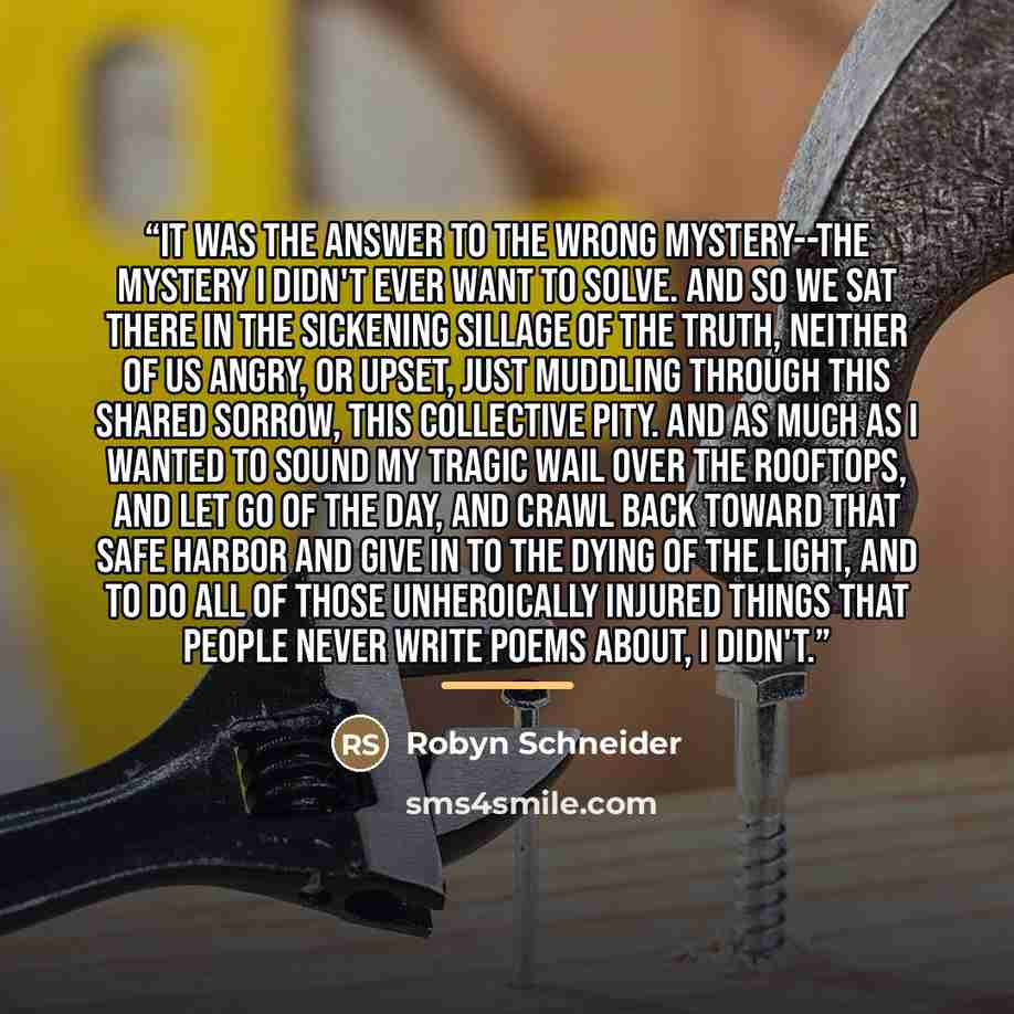 “It was the answer to the wrong mystery--the mystery I didn't ever want to solve. And so we sat there in the sickening sillage of the truth, neither of us angry, or upset, just muddling through this shared sorrow, this collective pity. And as much as I wanted to sound my tragic wail over the…” quote by Robyn Schneider