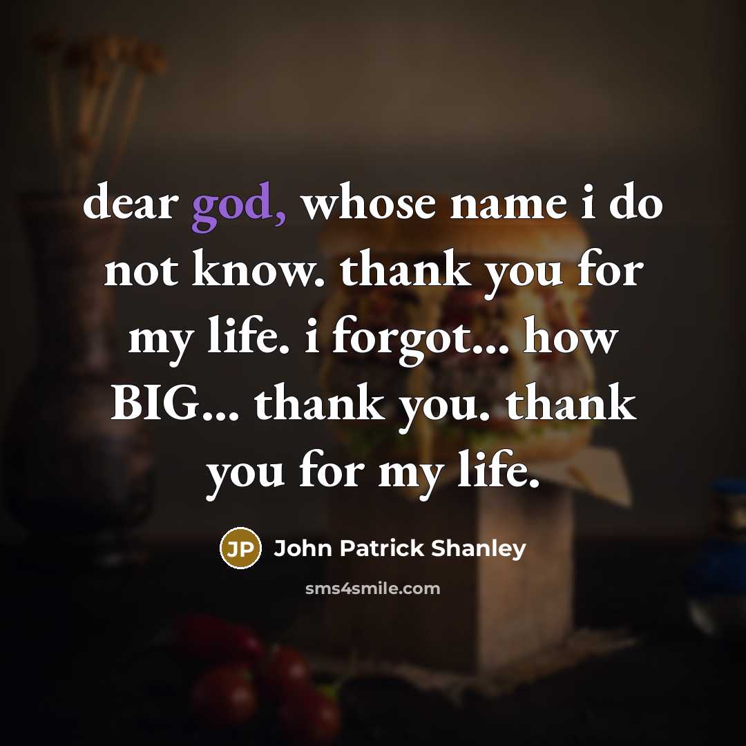 “dear god, whose name i do not know. thank you for my life. i forgot... how BIG... thank you. thank you for my life.” quote by John Patrick Shanley
