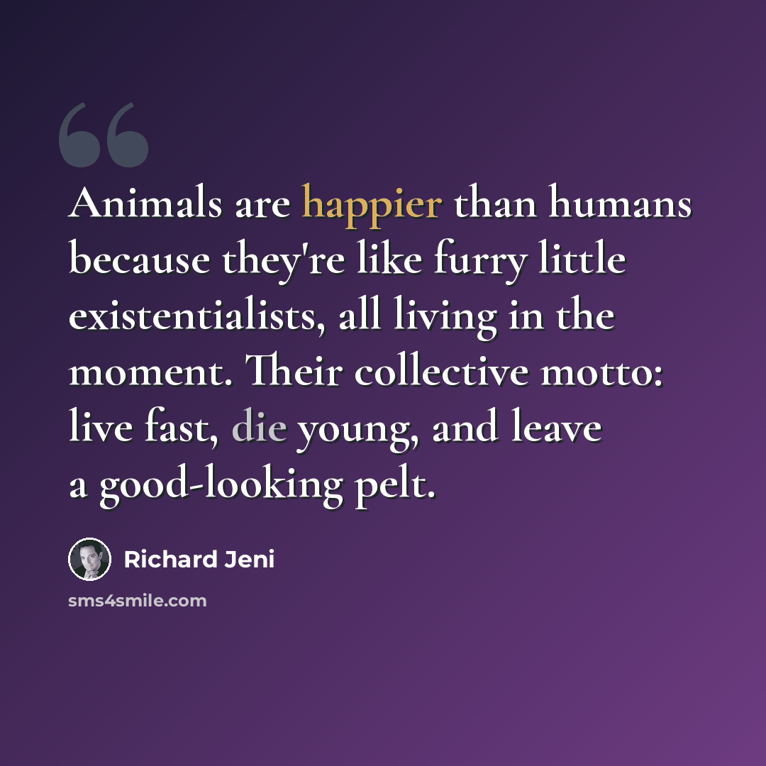 “Animals are happier than humans because they're like furry little existentialists, all living in the moment. Their collective motto: live fast, die young, and leave a good-looking pelt.” quote by Richard Jeni